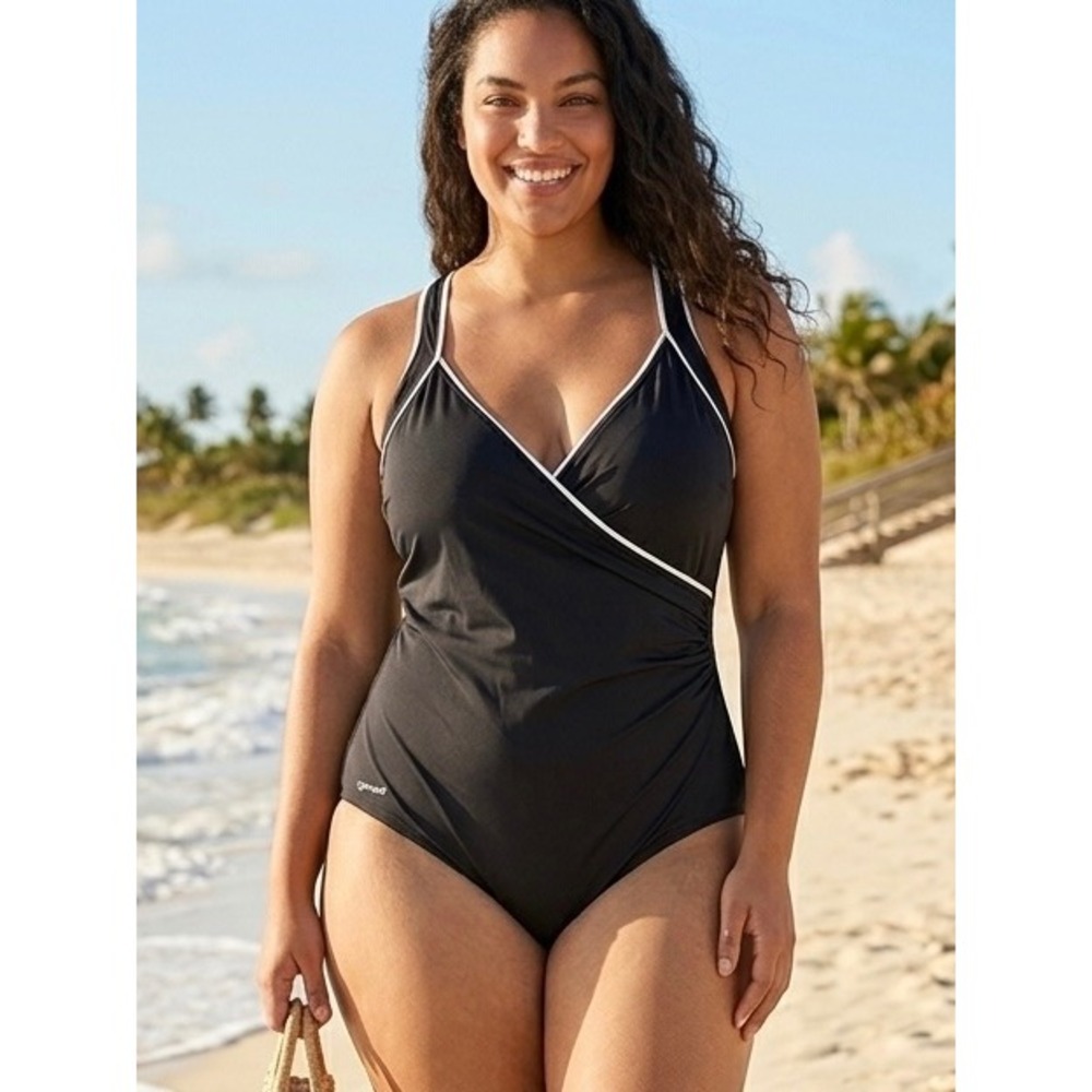 Speedo Womens Plus Size 22 One Piece Swimsuit Black White Wrap Front Racerback